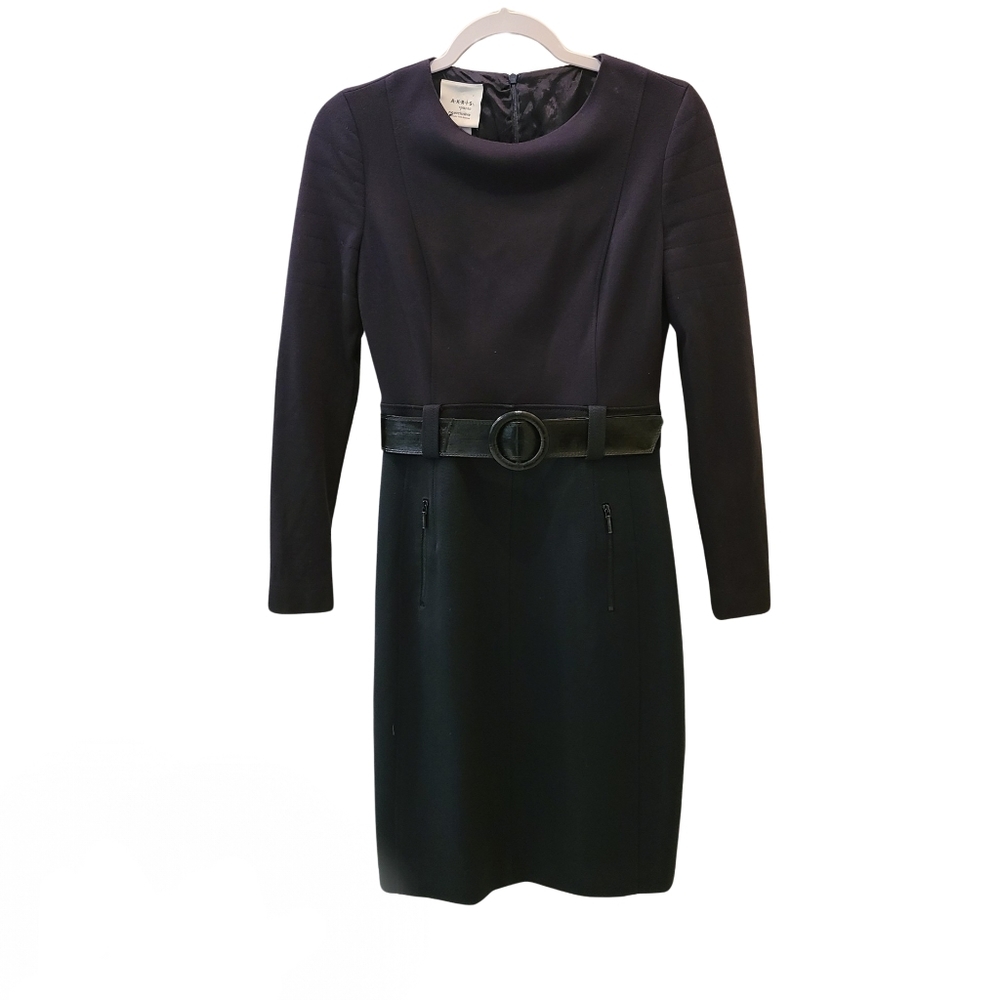Akris Punto Dress Size 6 Blue Wool Sheath Belted Long Sleeve